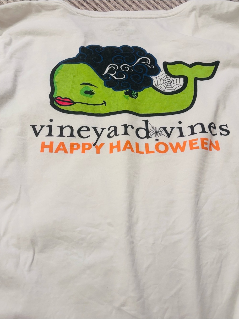 Vineyard Vines White Tee with Lime Green Whale & Orange 'Happy Halloween'